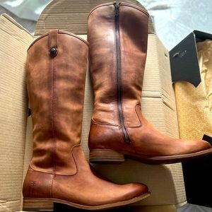 Frye- Melissa Button Inside Zip Leather Cognac Boots